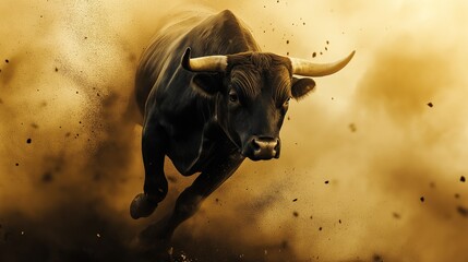 A bull is running through a cloud of dust