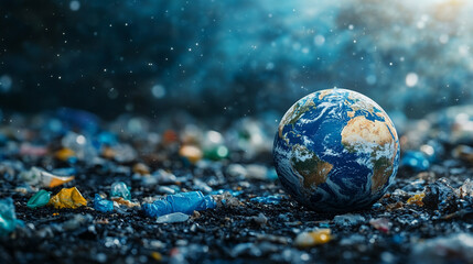 Earth seen from space with plastic waste scattered on one side symbolizing environmental chaos and the urgency of Earth Day, blank space for caption, focus on sustainability and conservation efforts

