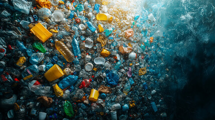 Earth seen from space with plastic waste scattered on one side symbolizing environmental chaos and the urgency of Earth Day, blank space for caption, focus on sustainability and conservation efforts

