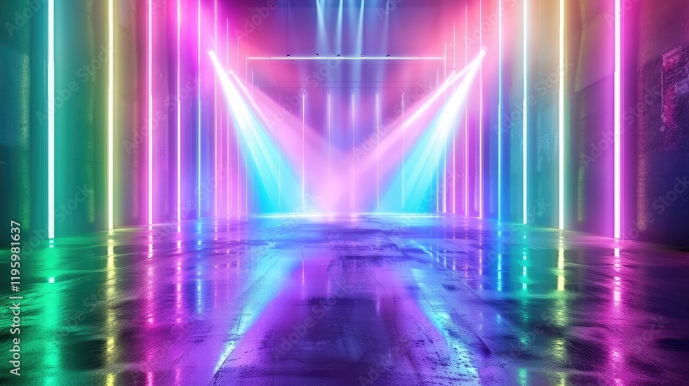 Poster vibrant neon lights illuminate a reflective floor in a dark room, creating a colorful and dynamic sc