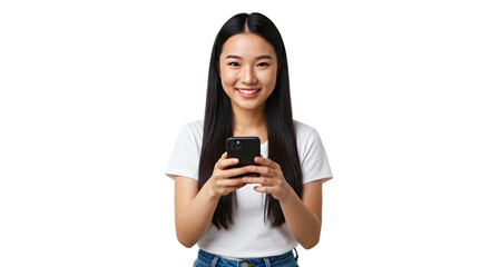 a beautiful young asian woman using smartphone and smiling on transparent background, png, girl using her phone png