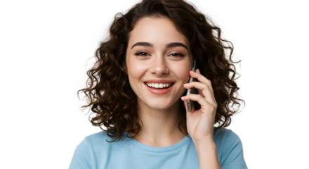 young woman talking on smartphone call and smiling on transparent background, png, girl using her phone png