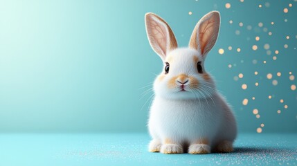 Obraz premium Adorable Fluffy Bunny on Teal Background