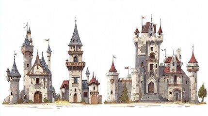 Obraz premium Medieval castle and tower isolated on white background for design elements and historical themes