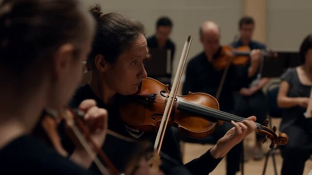 Musicians Perform an Orchestral Piece During a Rehearsal in a Concert Hall