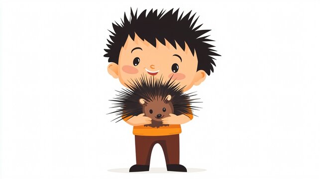 Adorable Child Boy Holding a Porcupine Exotic Animal with Open Arms