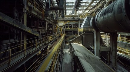 An advanced cement plant featuring massive rotary kilns, conveyor belts transporting raw materials, and a clean, organized industrial layout, showcasing modern manufacturing efficiency