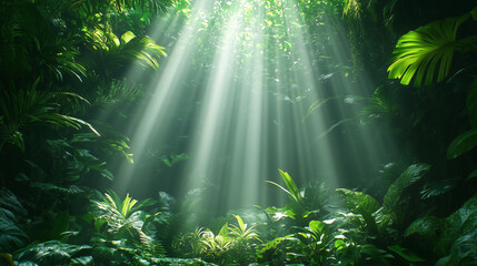 Golden Rays of Sunlight Filtering Through Trees in a Serene Green Forest Tranquil Nature Photography






