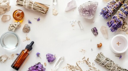 Flatlay of crystals, herbs, and essential oils for wellness and spirituality.