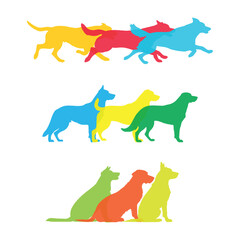 silhouettes of running dogs, sitting dogs and standing dogs