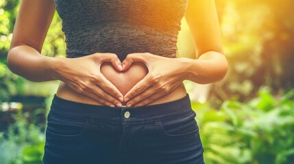 Woman's hands heart-shaped on belly, outdoors, sunlight, nature