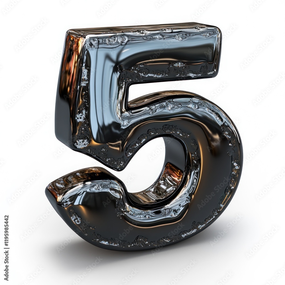 Poster metallic number five: a 3d render of a shiny, textured digit