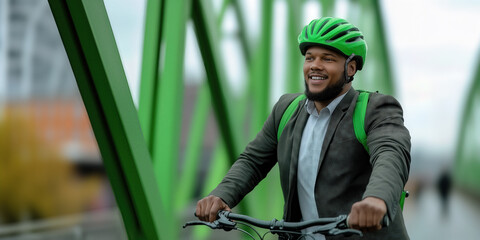 A confident man wearing a suit, a green helmet heads towards his workplace, cycling across a vibrant green bridge with a smile, surrounded by a soft cityscape under a cloudy sky.