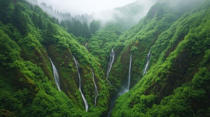 Naklejka premium Lush Green Valley Multiple Waterfalls Cascading Down