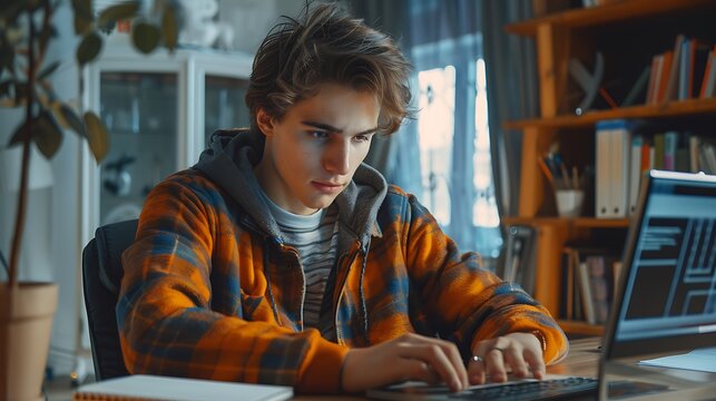 Young student watching lesson online and studying from home. Young man taking notes while looking at computer screen following professor doing math on video call. boy studying from home on pc.