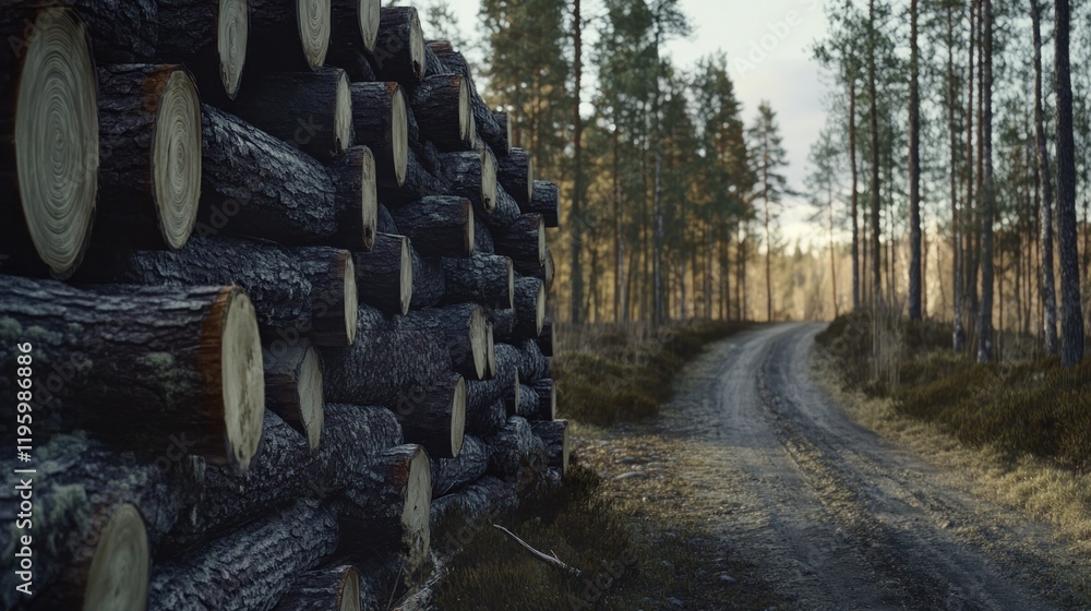 Poster forest path with stacked logs