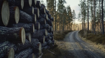 Forest Path with Stacked Logs
