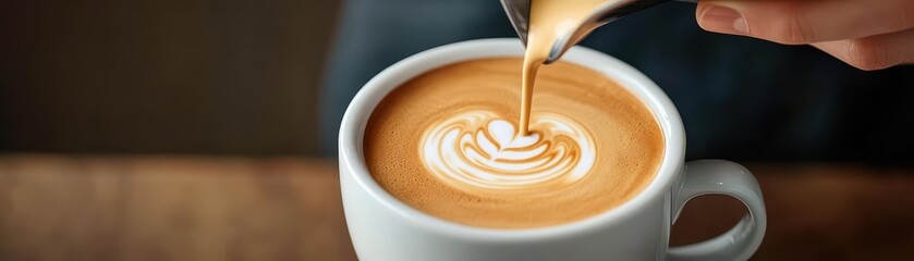 A barista pouring latte art into a cup of coffee, closeup, warm and inviting tone