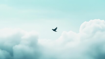 Fototapeta premium A bird flying through a polluted sky, grey clouds, symbolic of nature struggling