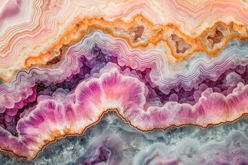 Macro close-up of natural geode crystal gemstone mineral rock formation, pink, purple, amethyst, rose quartz, agate, background image, room for copy space