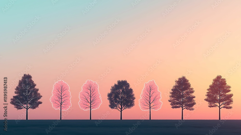 Poster a serene landscape featuring stylized trees with a gradient sky, showcasing soft colors and a tranqu