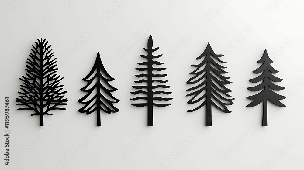 Aufkleber five distinct black tree silhouettes displayed on a light background, showcasing different shapes an