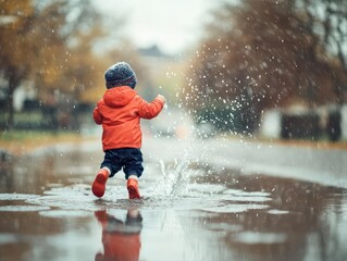 A child splashing in puddles on a rainy day, joyful and playful tone