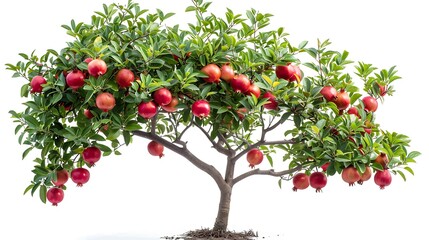 Obraz premium A pomegranate tree with glossy leaves and ruby-red fruit isolated on white background