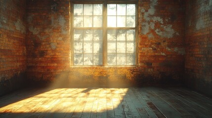 A room with a brick wall and a window