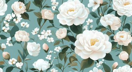 Seamless elegant floral pattern with white camellia roses and lush green leaves on pastel teal background