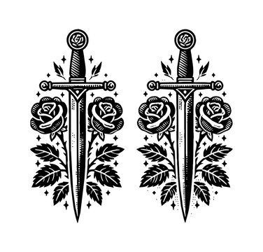 sword rose flower engraving black and white outline