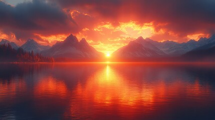 Obraz premium A beautiful sunset over a lake with mountains in the background