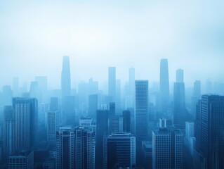Obraz premium A densely packed city with barely visible skyscrapers due to air pollution, eerie and surreal mood