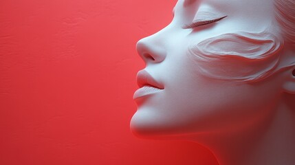 A woman's face is shown in a white color with red background
