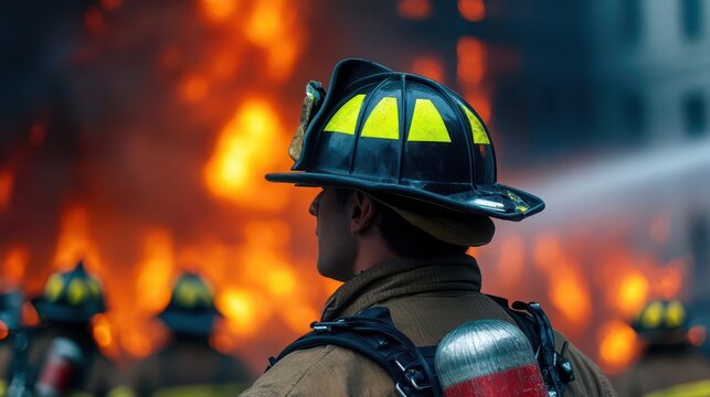 A dramatic wideangle view of firefighters surrounding a blazing building