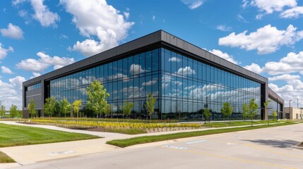 Obraz premium Modern glass office building exterior, landscaping, sunny day.