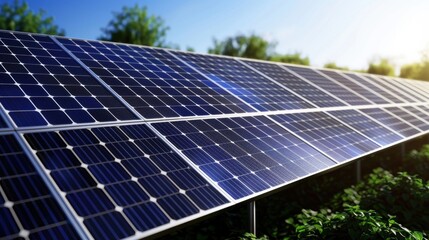 A close-up of solar panels reflecting sunlight, set against a backdrop of greenery, showcasing sustainable energy technology.