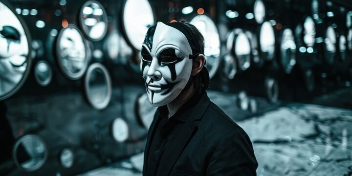 Dark portrait cinematic mood.  Person in half-comedy half-tragedy mask stands before distorted mirrors.  Moody lighting enhances psychological depth.