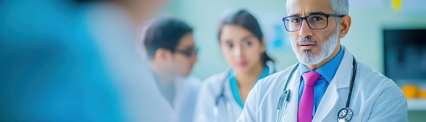A group of medical students listening to a senior doctor, educational and dynamic, room for text