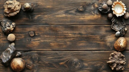 Rustic Seashells on Weathered Wooden Background, Summer Ocean Theme