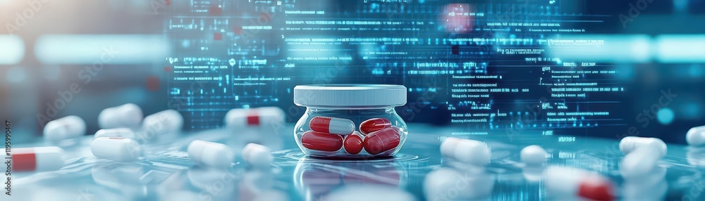 Poster a holographic depiction of medicine with floating data, futuristic and bright, ample room for text