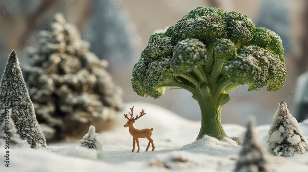 Poster miniature deer in snowy scene with broccoli tree.