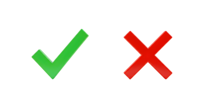 a green tick mark and a red cross png, tick mark and cross isolated on transparent background