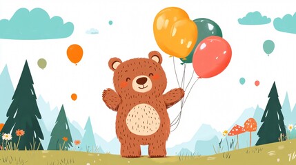 Adorable bear with helium balloons in wide landscape setting for joy, happiness, and celebration