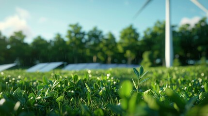 A serene landscape featuring green grass, solar panels, and wind turbines, symbolizing sustainable energy and environmental harmony.