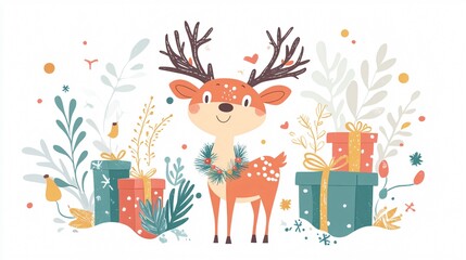 Adorable Christmas Reindeer with Wreath and Gifts for Festive Decor