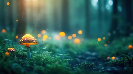 A mystical forest with glowing mushrooms and magical creatures, cinematic mood, soft light