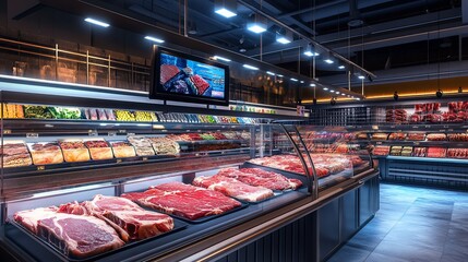 Modern butcher shop with fresh meat displayed in refrigerated case.