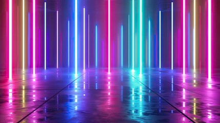 Abstract background with neon lights of green blue white pink violet colors glowing perpendicular lines on shiny reflecting stage