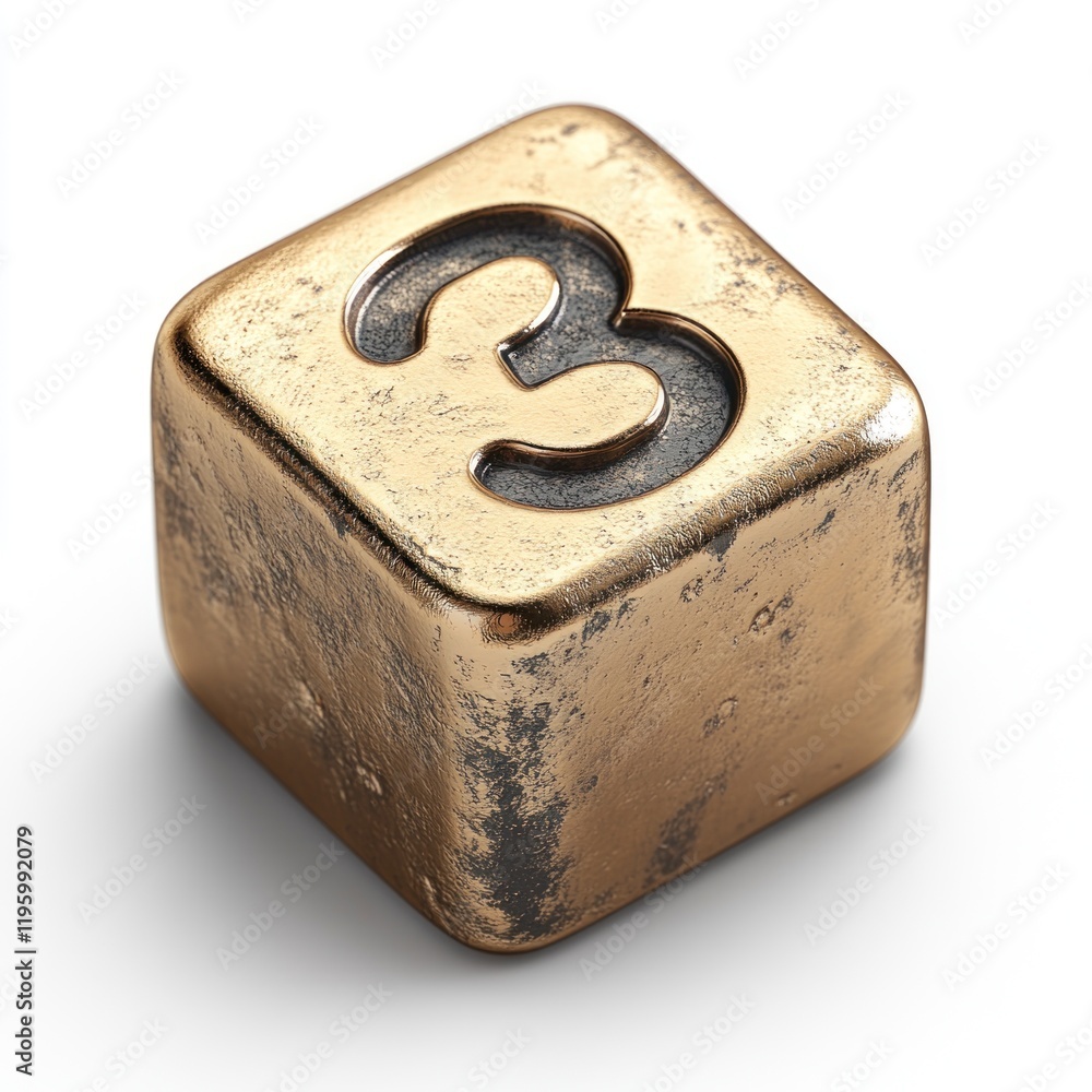Poster bronze cube number three: a 3d render of a rustic gold cube with the number 3
